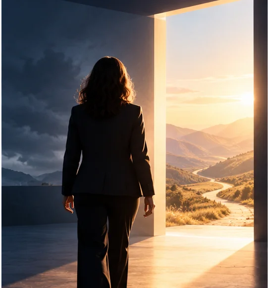An open doorway leading from a dim room into bright light, representing career transition